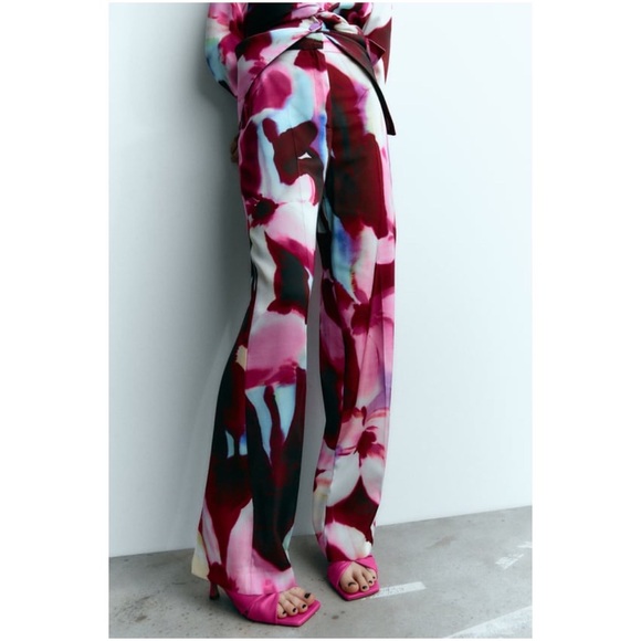 ZARA Satin Floral Print Palazzo Pant Trousers - Picture 2 of 16